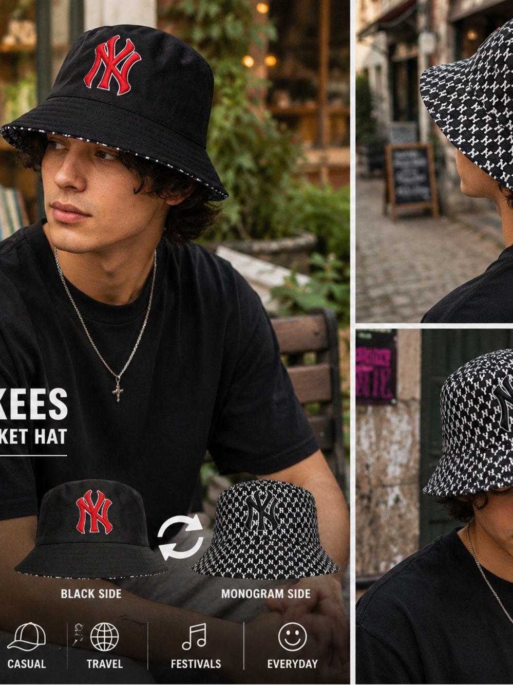 New York Yankees Reversible Bucket Hat Black White Monogram Logo Y2K Streetwear